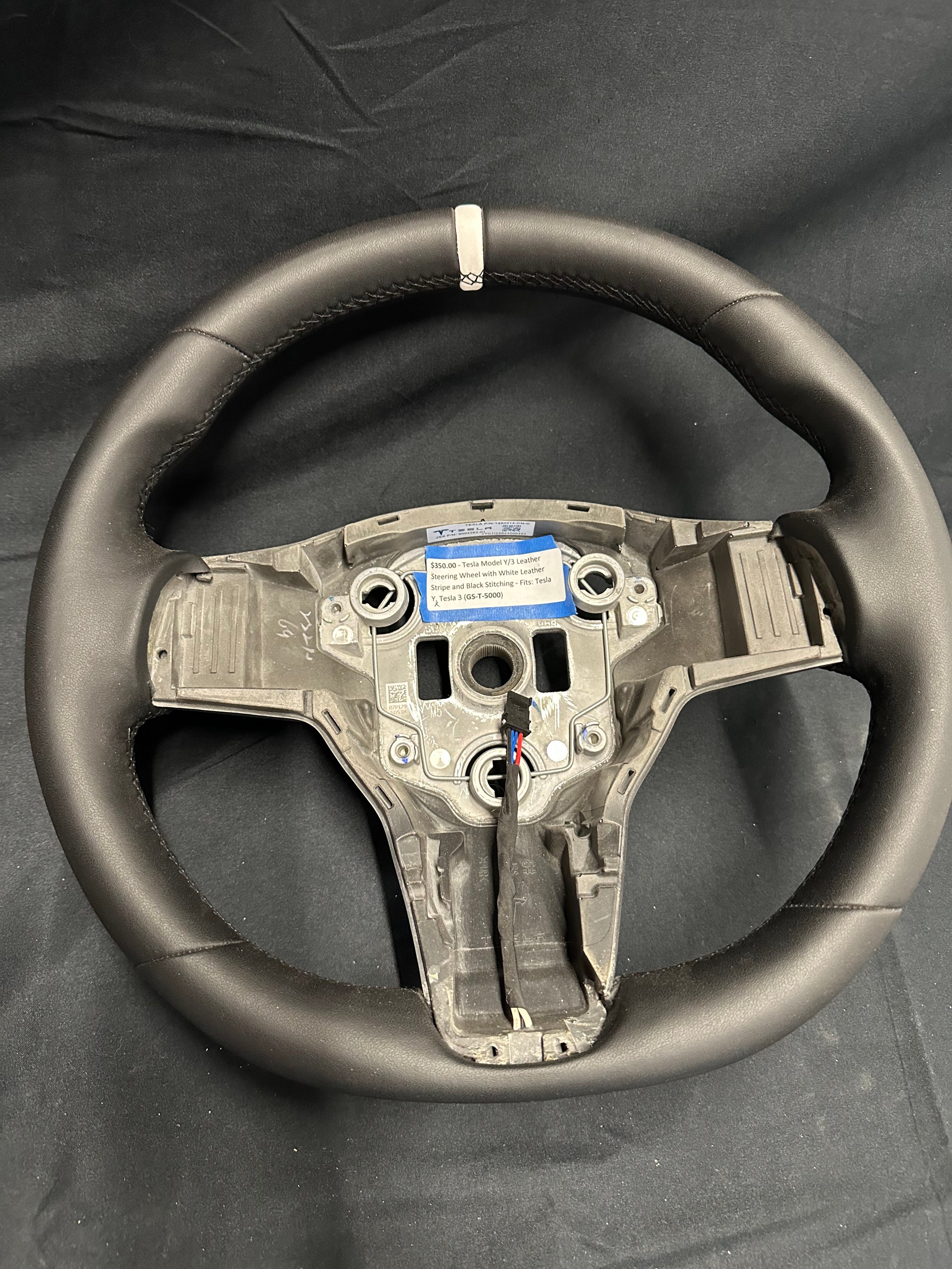 Tesla Model Y/3 Leather Steering Wheel with White Leather stripe and Black stitching.